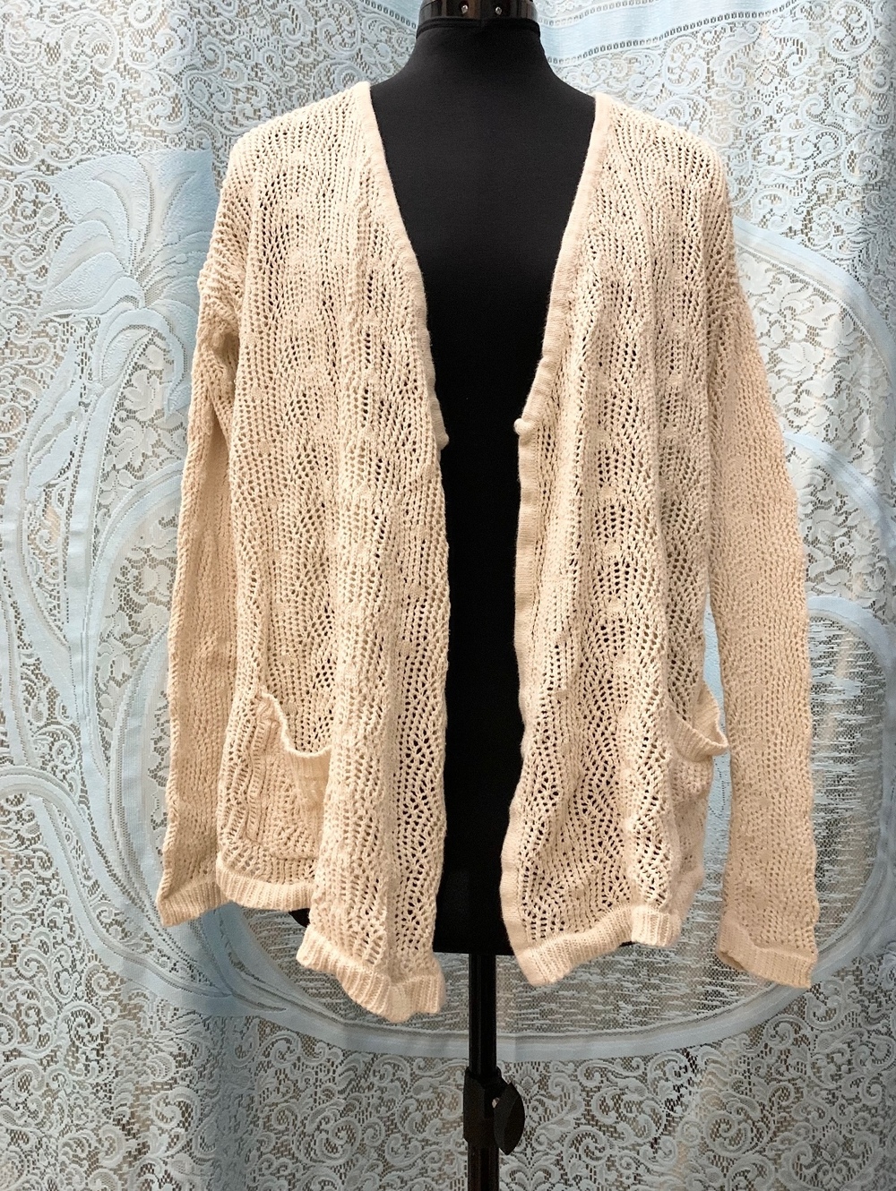 Womens Beige Open Knit Crochet Cardigan Sweater Front Pockets Boho